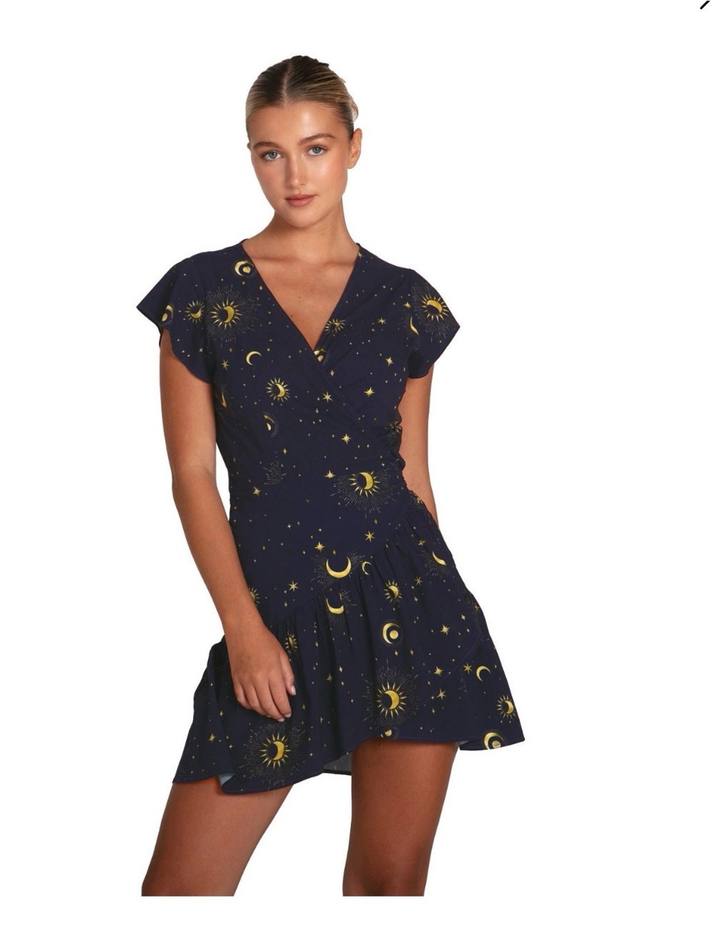 Love Shack Mini Wrap Dress in Navy with Gold Star & Moon Print